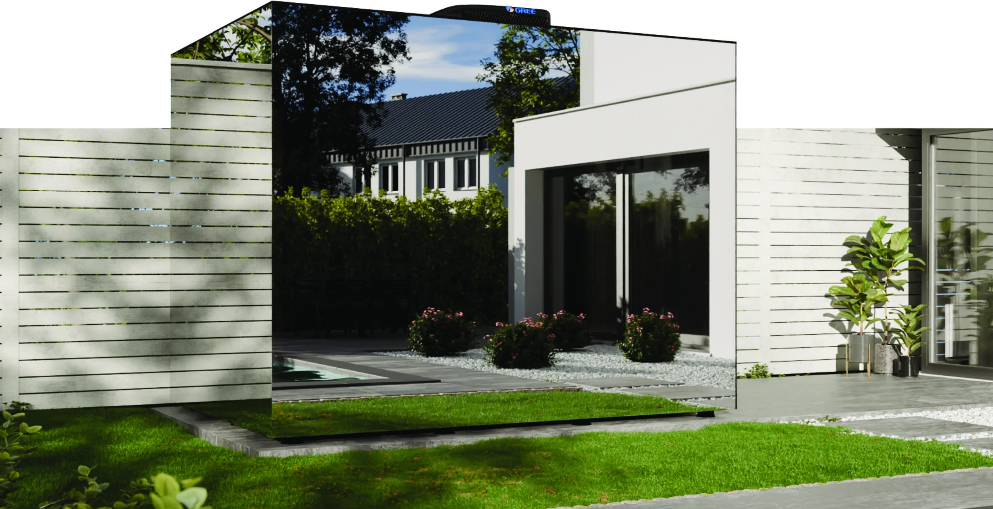 Official GrandeGym exterior showing its clean architectural form and reflective glazing beside a house