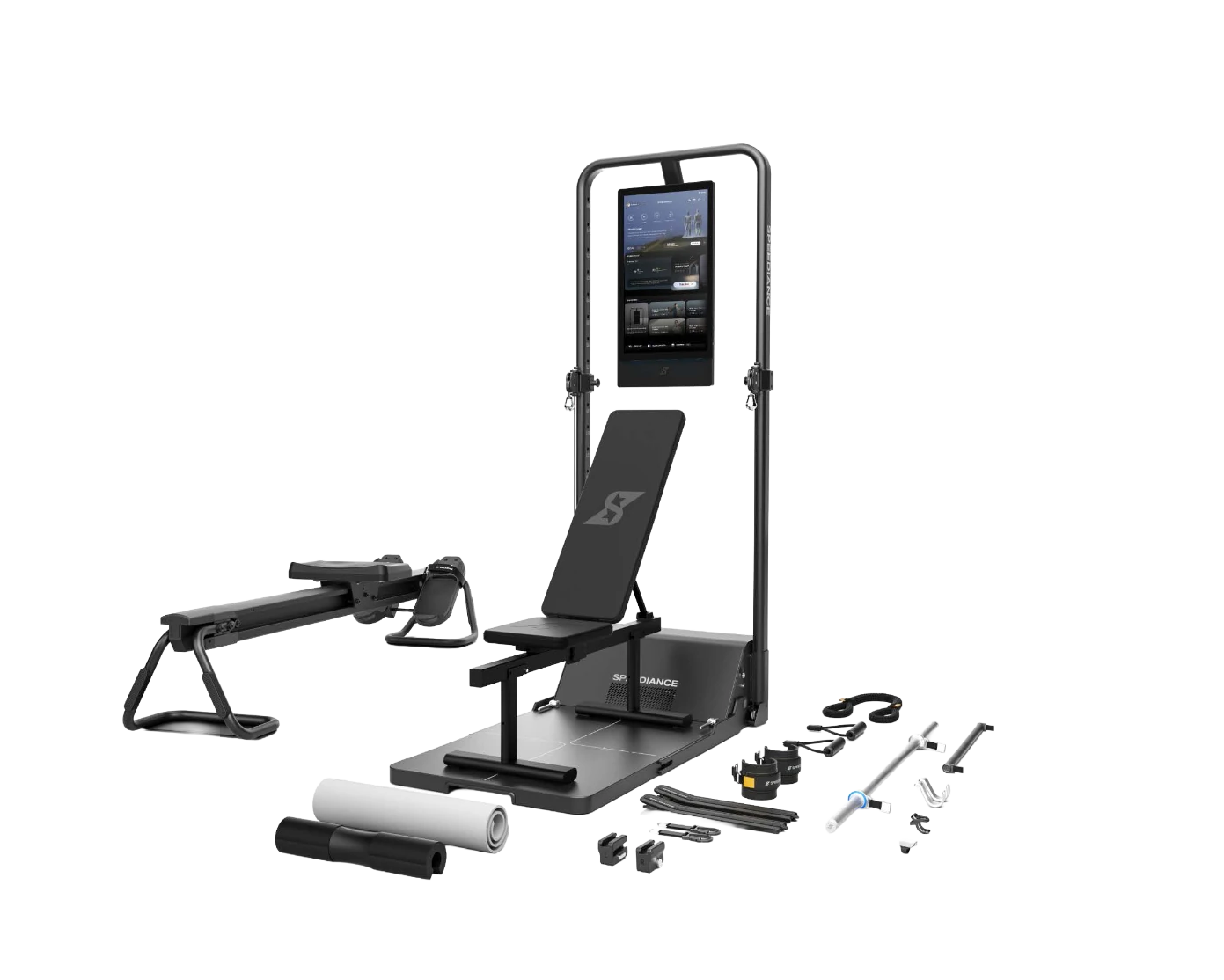 Speediance training system with an adjustable bench and compatible exercise accessories; rowing equipment is an optional addition